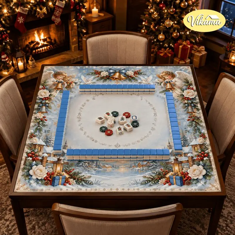 VIKAMA Christmas Mahjong Mat Angel Snow Scene Bells Floral Foldable Mahjong Table Mat Cover Table Game Holiday Party Decor