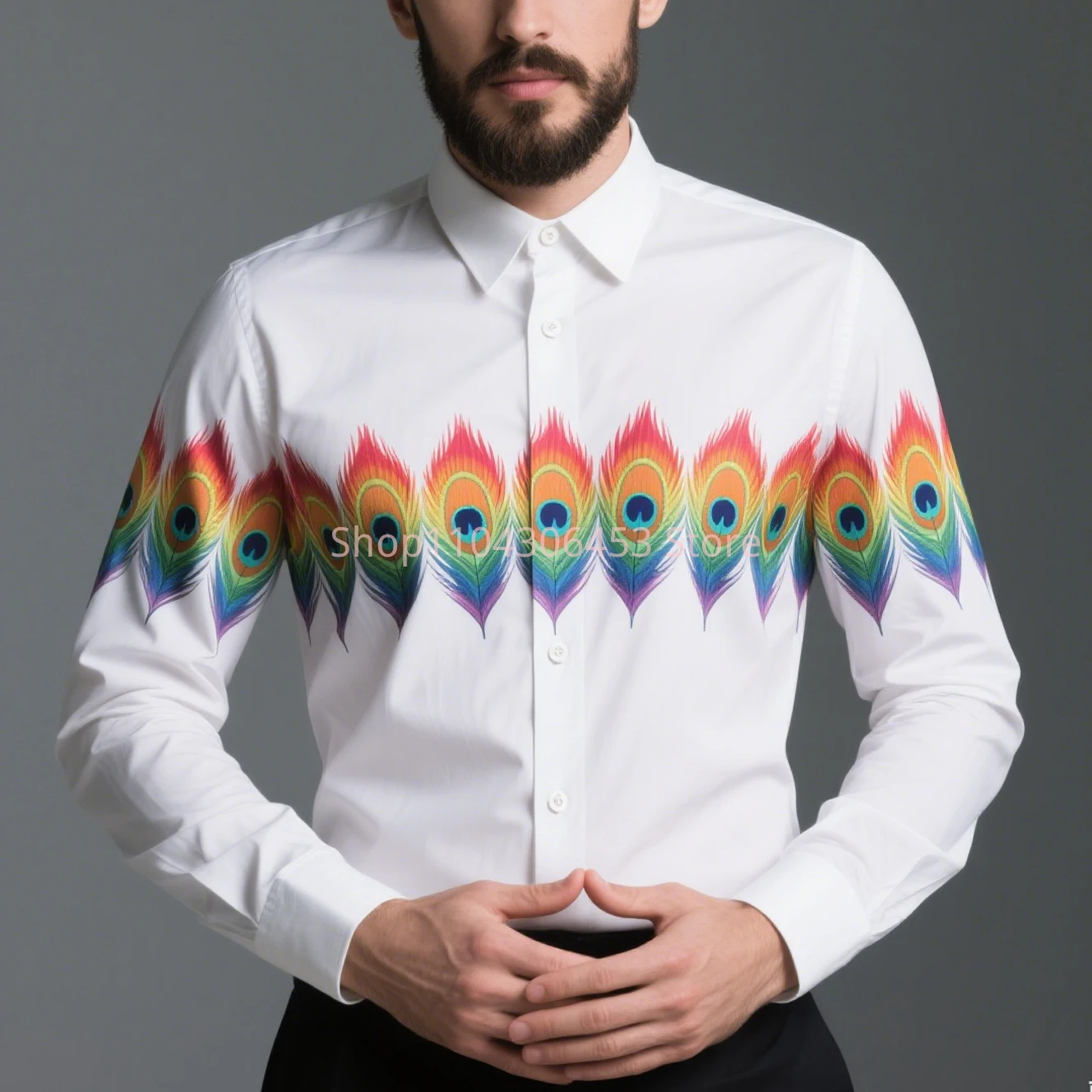 秋メンズ白シャツ孔雀の羽プリントシャツハワイアンカジュアル長袖ラペルシャツビジネスシンプルパーティーフォーマルトップ