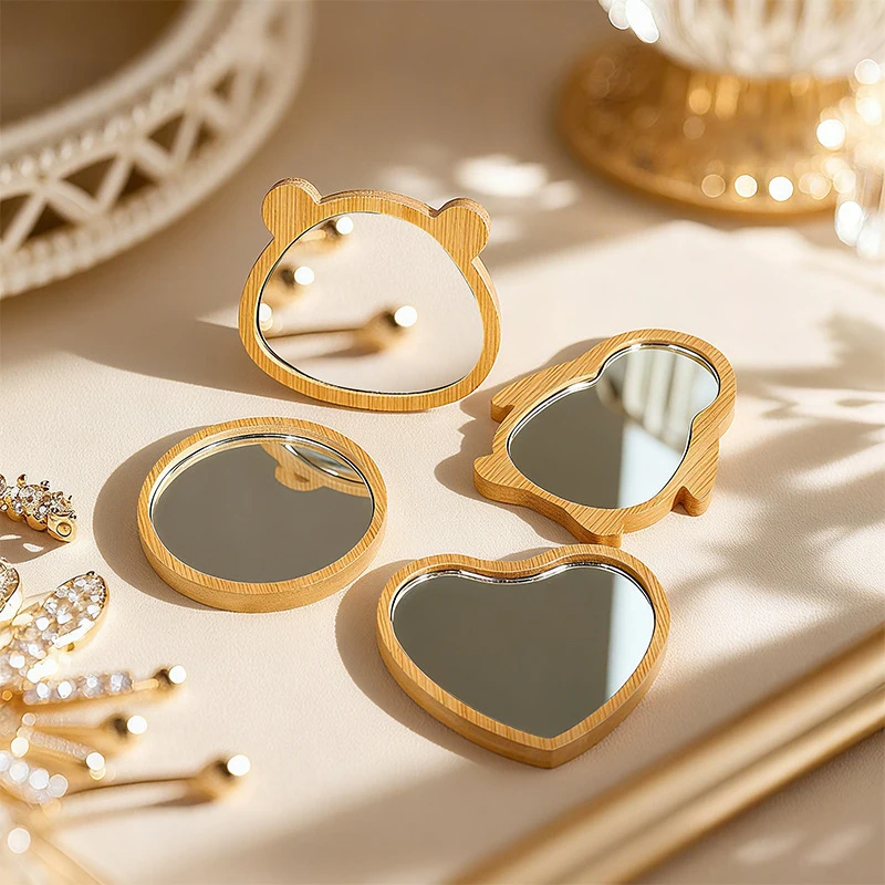 나무 손거울 빈티지 휴대용 다형태 화장 거울 컴팩트 메이크업 손거울 여성 여행용 거울