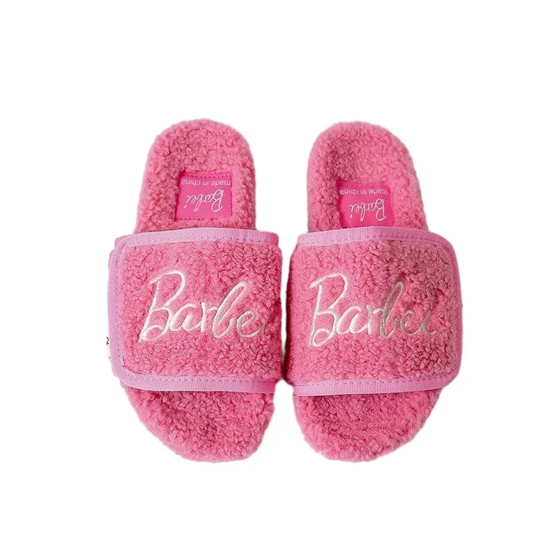 Cartoon Fashion Barbie Autumn and Winter Thick-Soled Fur Slippers for Girls, Cute and Versatile Hot Girl Lamb Wool Flip-Flops