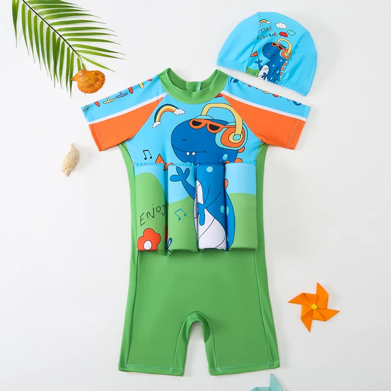 Children\'s Buoyancy Swimsuit 2024 New Boy One-piece Green Cartoon Animal Dinosaur Short-sleeved Quick-drying