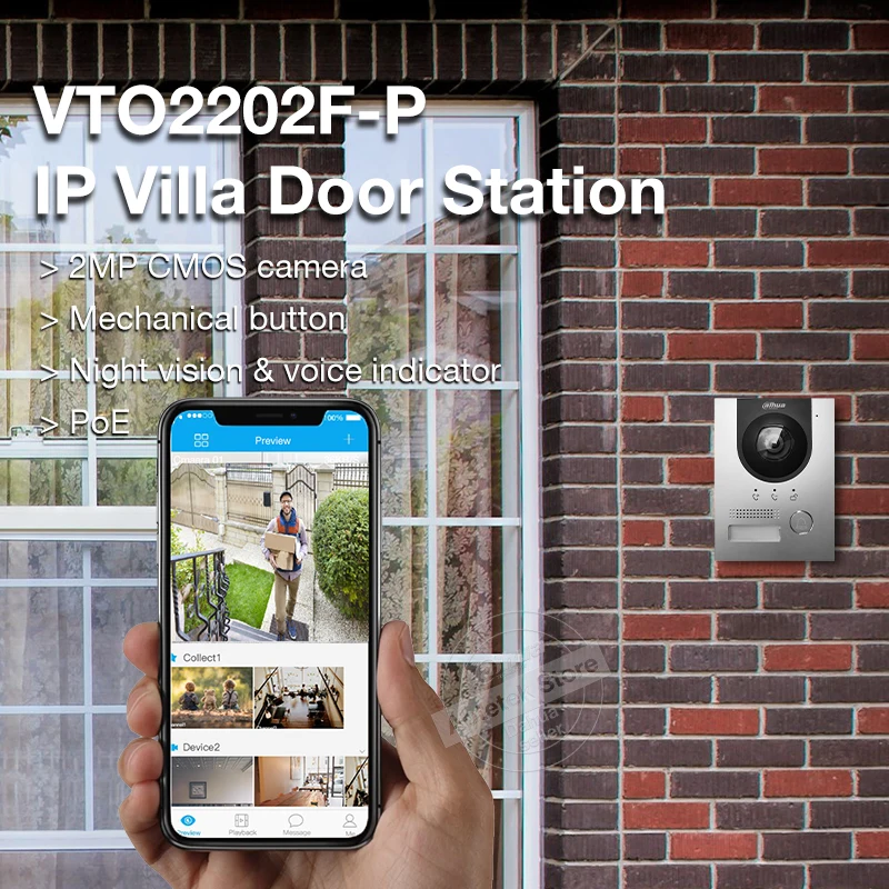 Dahua 2-Wire PoE วิดีโออินเตอร์คอม VTO2202F-P-S2 2MP IP 160 °   กล้อง Fisheye Doorbell รองรับ Surface & Flush Mount IP65 IK07 H.265