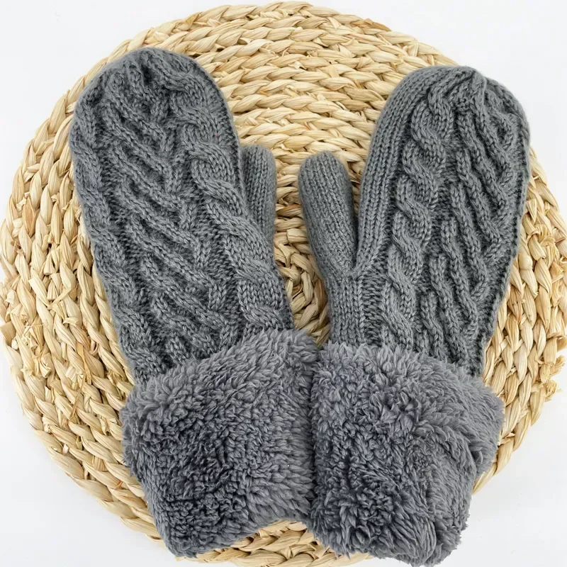 Frauen Mode Stricken Twist Blumen Fäustlinge Winter Weibliche Wolle Plus Kaschmir Samt Verdickung Warme Voll Finger Handschuhe Guantes