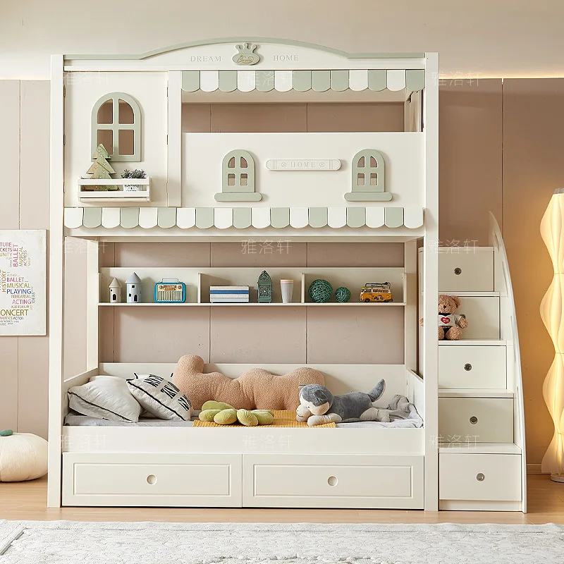 Children's bed bunk double layer two layer high and low tree house bed and the same width castle princess high guardrail bed
