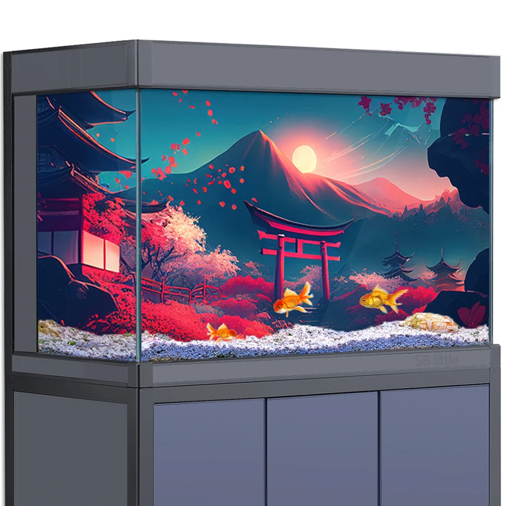Aquarium Background Sticker Decoration for Fish Tanks, Japanese Castle Cherry Blossom Torii Mountain 3D Poster Reptile Habitat