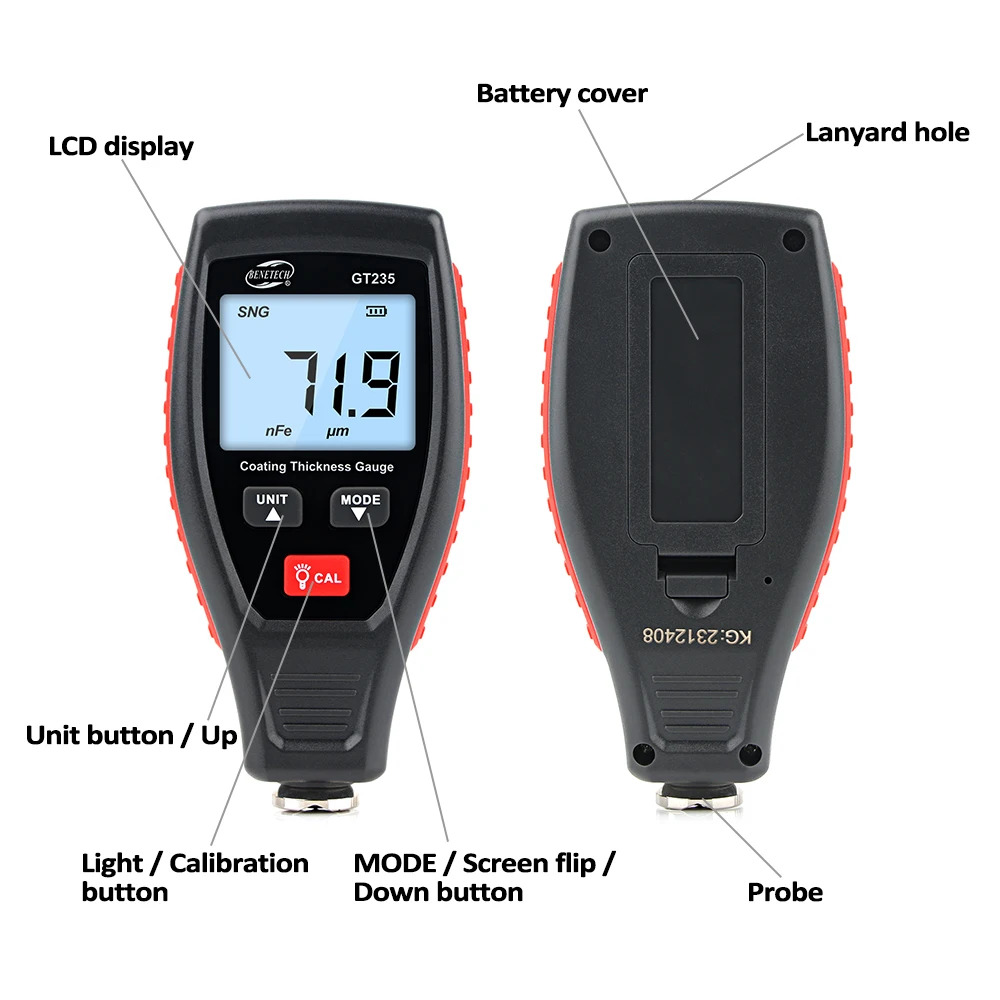 GT235 LCD Coating Thickness Gauge for Cars Paint Depth Gauge Tester 0~1800um with Pouch Calibration Substrates