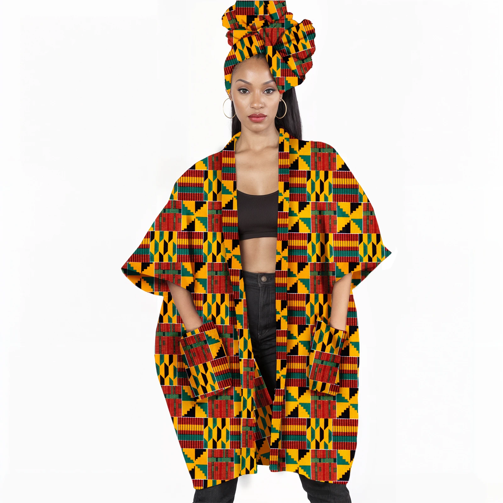 

African Attire for Women Dashiki Jacket Kente Print Clothes Open Front Coat with Ankara Head Scarf