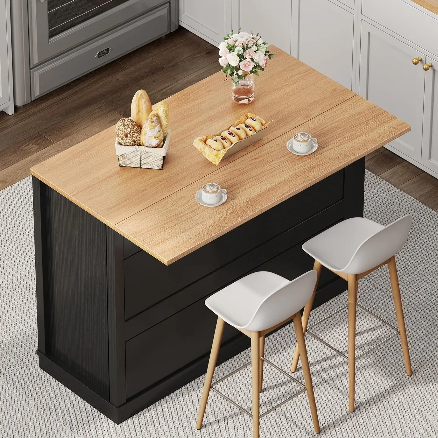 50 Inch Rolling Kitchen Island with Trash Can Storage Cabinet & Drop Leaf, Portable Mobile Islands Table Long Floating Movable