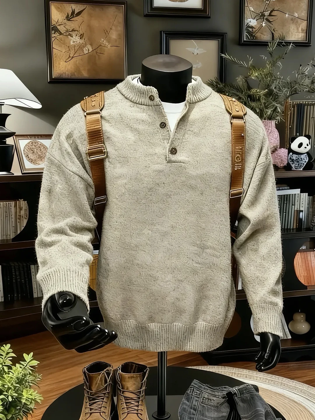 

Мужской трикотажный джемпер с воротником хенли в американском стиле, базовый слой, мягкая и удобная свободная верхняя одежда с длинным рукавом