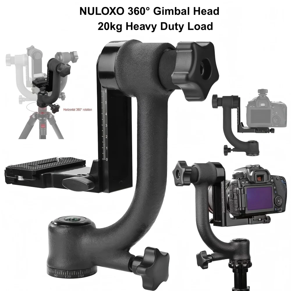 NULOXO Heavy Duty Gimbal Tripod Head 360 Panoramic Aluminum Alloy 20kg Load Arca Swiss Quick Release Plate for DSLR Camera