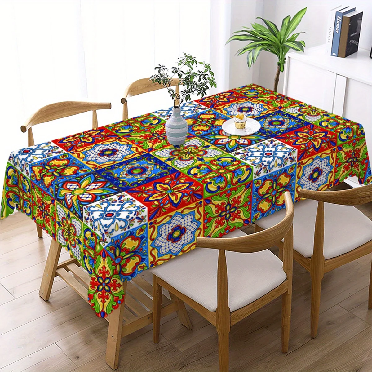 Mexican Talavera Tablecloth, Bright Colorful Tile Floral Print, Washable Table Cover, Mediterranean Dining Room Home Decor