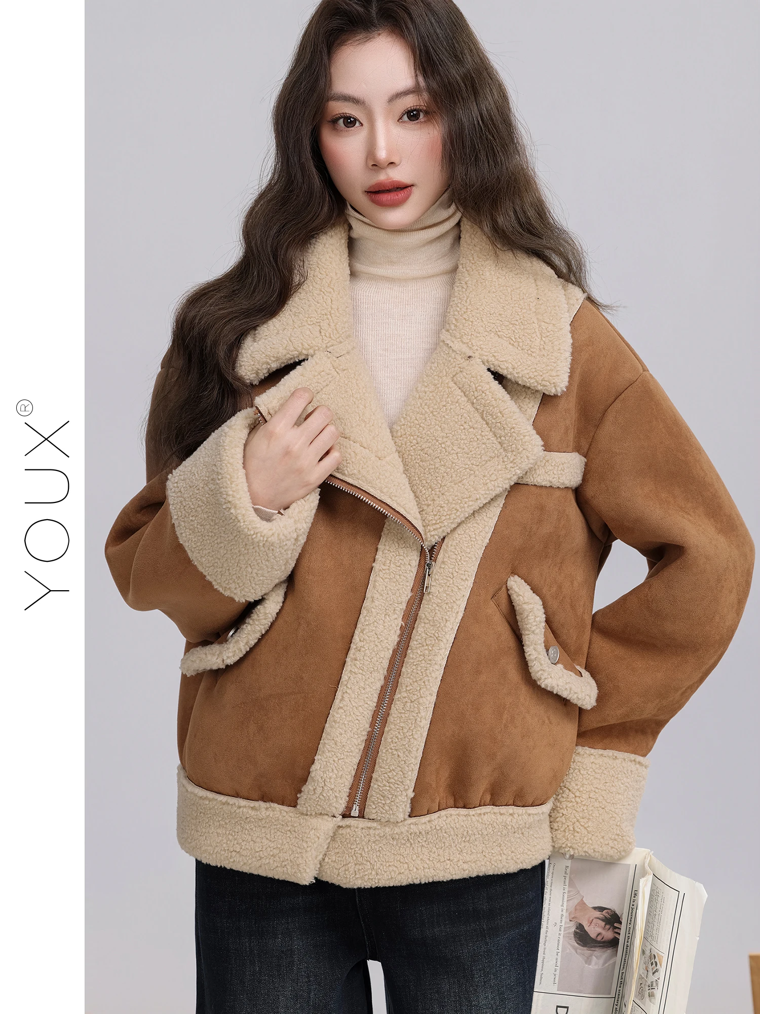 

Warm Coffee Retro ort Coat Women's Faux Fur Leather Jaet Color Blo Winter Outerwear Flip Collar Zipper Long Sve Loos...