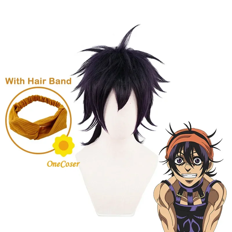 JOJO's Bizarre Adventure Narancia Ghirga Cosplay Dark Purple Wig with Hair Band Heat-resistant Fiber Hair Wig Cap Party Props