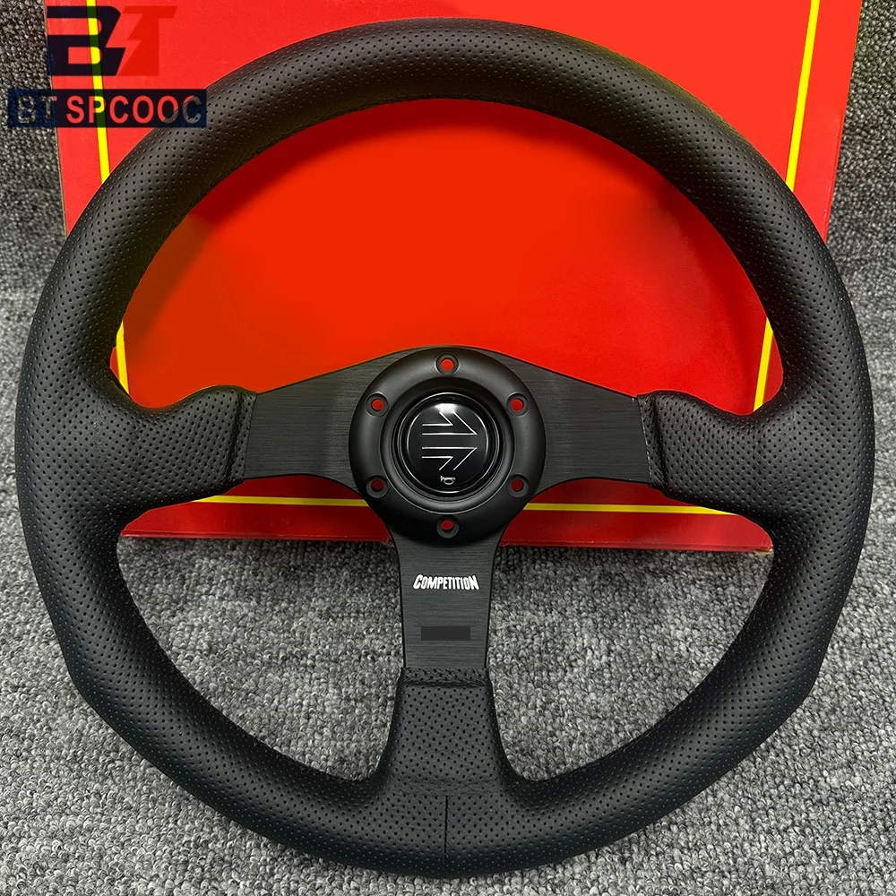 Blau-Gelb Genähtes Italien-Stil V1 Lenkrad Echtes Leder 14 Zoll 350mm Flach Italienische Rückseitengravur Racing Street Sport – Detail 3