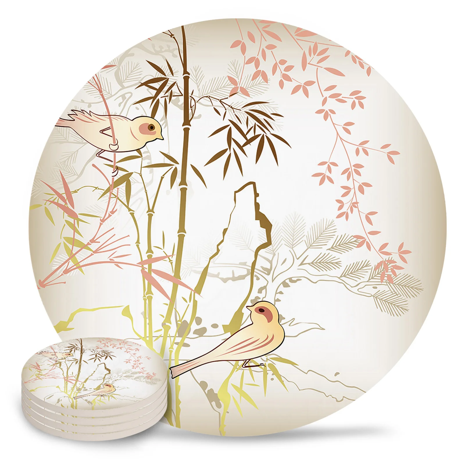 National Style Bamboo Bird Branch Ceramic Coaster Set Kitchen Table Round Placemat Luxury Decor Coffee Tea Cup Coasters