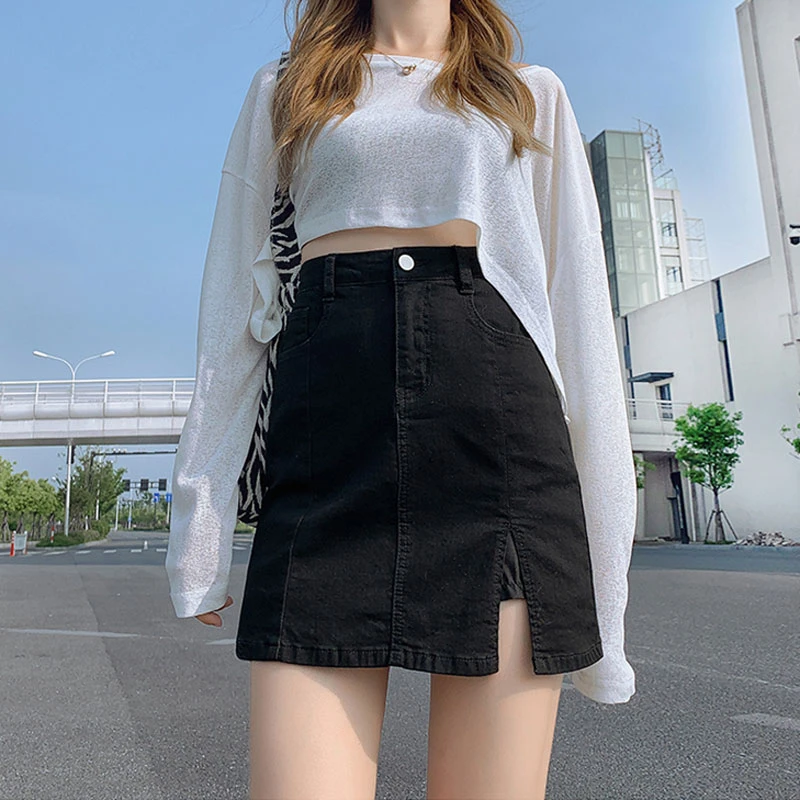 

Half-body skirt sub anti-glare new Slim stretch a word skirt pants high-waisted package hip open fork denim short skirt female