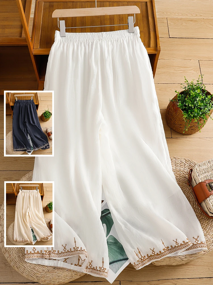 

Ethnic Sle Embroidered Wide Leg Casual Pants Loose Fit Straight Cut Long Trousers for plus Size Women Summer Season