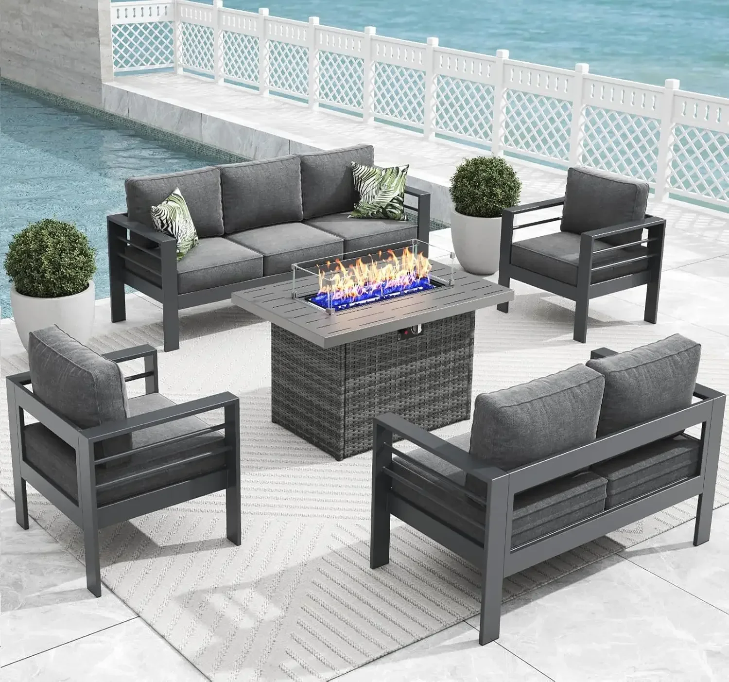 L5 Pieces Modern Aluminum Patio Furniture Set With Fire Pit Table, Outdoor Conversation Sets Metal Sectional Sofa