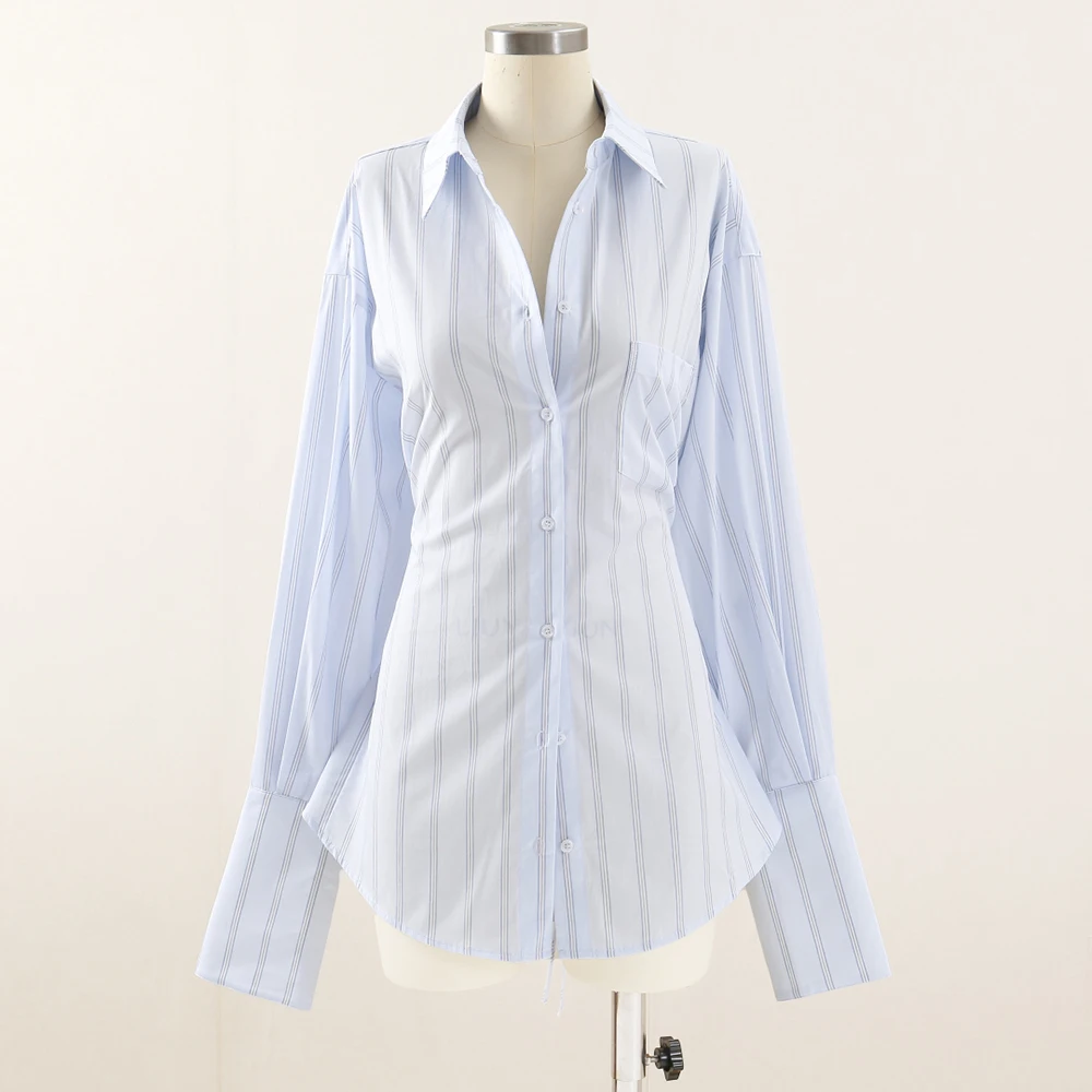 

Women's Striped Cotton Blouse Y2K Tie-Waisted Commuter Versatile Single-Breasted Long Sleeve Shirt Top for Early Fall