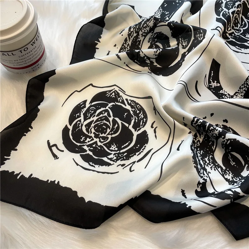 Luxury Design 70*70cm camellia Print Silk Square Scarf Women Soft Satin Hairband Neckerchief Office Hijab Headband Foulard Gift