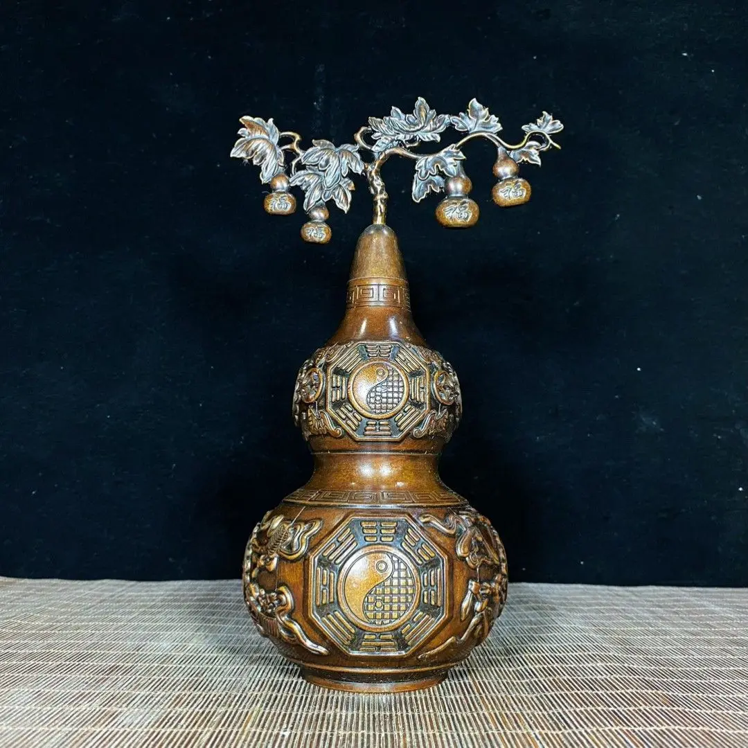 Pure Copper Wealth-Attracting Gourd Engraved with Five Blessings, Eight Auspicious Symbols, Taiji and Bagua Patterns