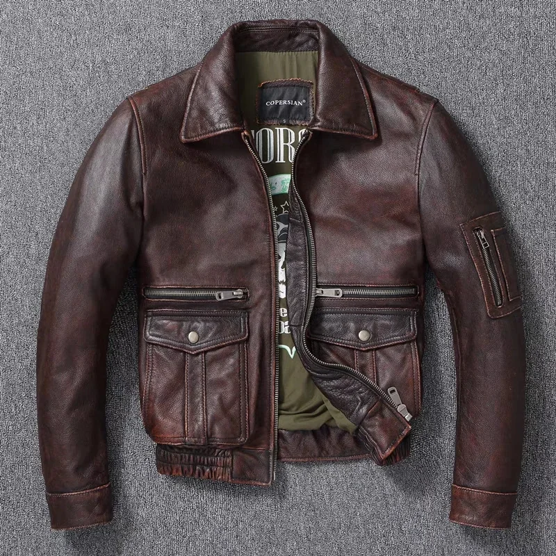 New Men's Genuine Leather Jacket Vintage Stone Milled Top Layer Cowhide Bomber Jacket A2 Brown Men's Calfskin Motorcycle Jacket