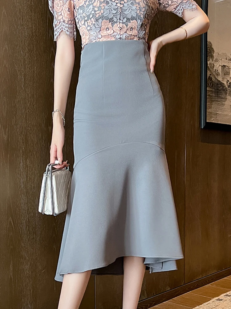 Elegant Fashion Midi Skirts Women Formal OL Professional Grey Black Wrap Hip High Waist Slit Fishtail Long Skirt Work Clothes