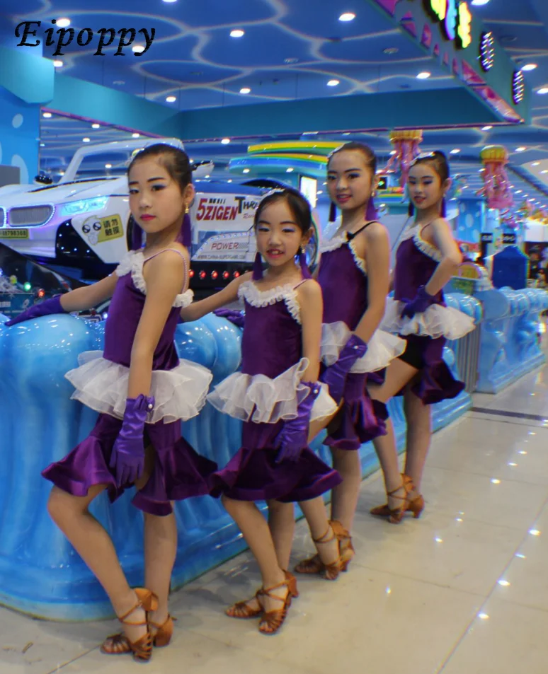 تنورة رقص لاتينية للأطفال ، ملابس ممارسة ، مخمل ذهبي للفتيات ، ملابس رقص من قطعة واحدة