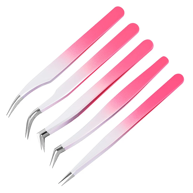 Pinça extensora de cílios, feita de aço inoxidável, alta precisão, antiestática, com pontas de fibra, cor rosa e vermelho