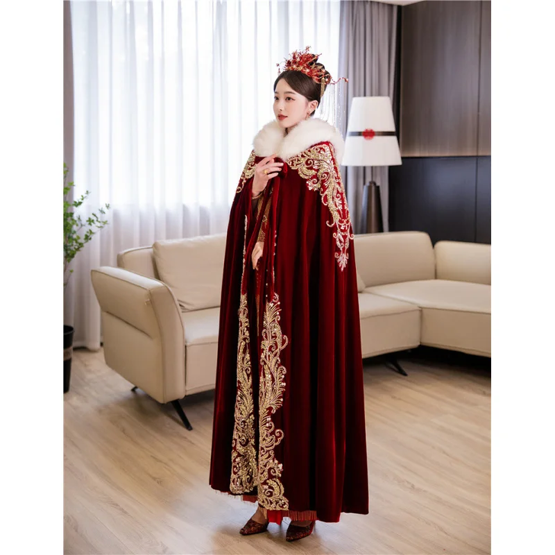 Xiuhe Suit Cloak Red Xiuhe Cloak Bride Chinese Wedding Fur Shawl Cloak Warm Thick Fur Collar Cloak