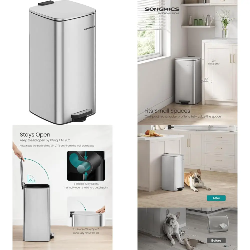 

Stainless Steel 8-Gallon Kitchen Trash Can with Soft Close, Inner Bucket, and Stays Open Feature for Easy Garbage Disposal