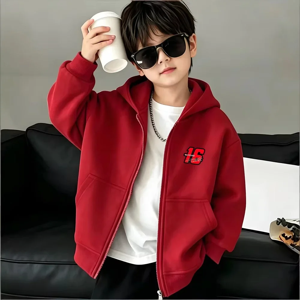 Trendy Red Zip Hoodie For Boys Cool Graffiti Number 16 Chest Logo Design Long Sleeve Lightweight Street Outer Coat