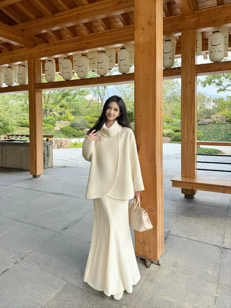 

Женское двустороннее шерстяное пальто с воротником-стойкой, белое, короткое, осенне-зимнее, новинка