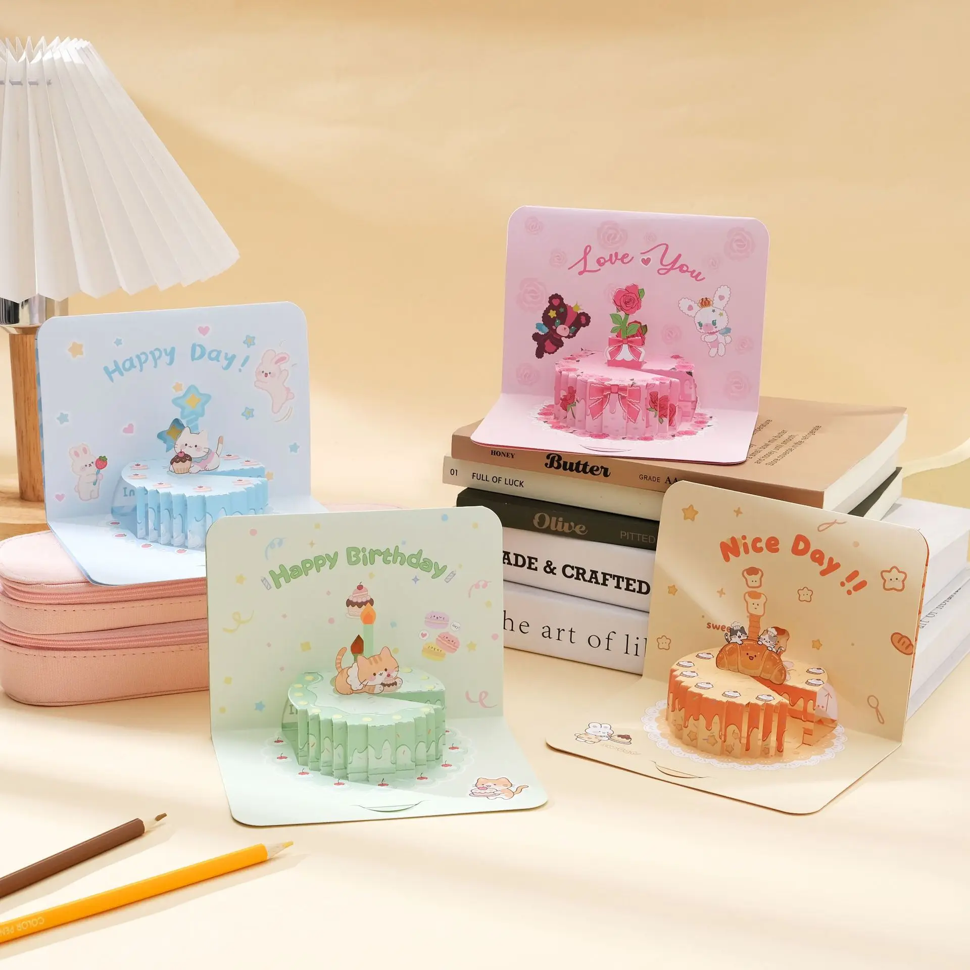 

1/4Pcs 3D Creative kawaii Kitten Cake Birthday Greeting Card Pop-Up Gift Card Flower Shop Valentine's Day Small Card