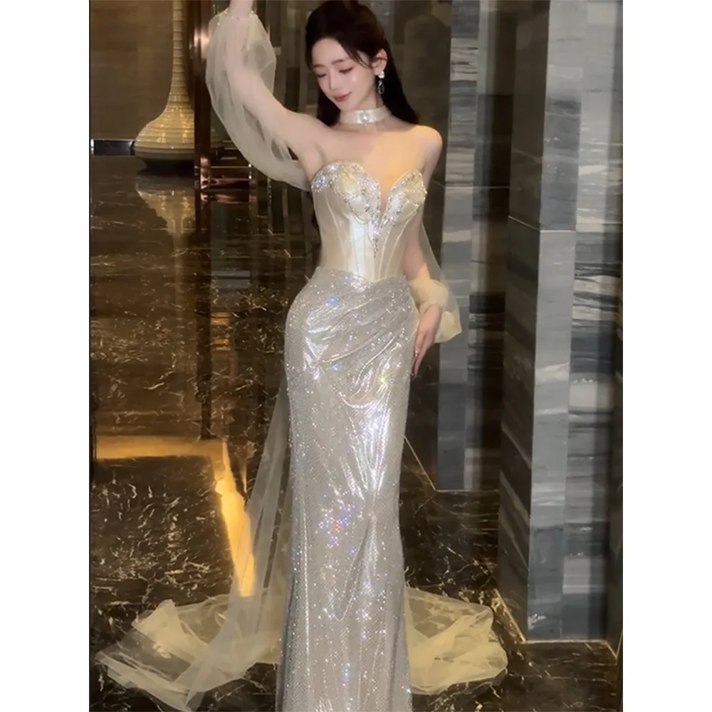 

Light Luxury Formal Dresses for Women Off The Shoulder Sequins Strapless Mermaid Skirt Prom Dress Women's Evening Party Dresses