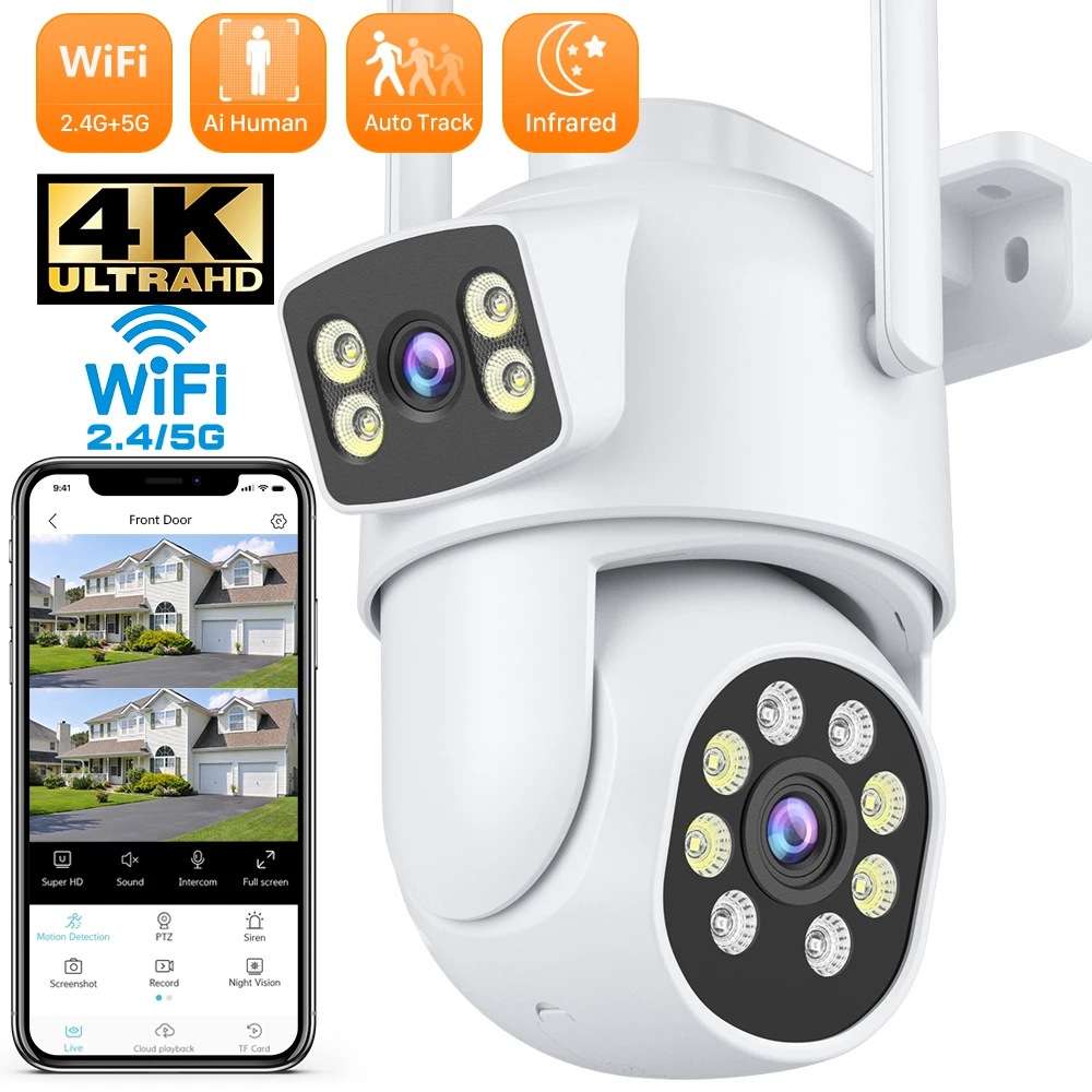 camera de vigilancia de seguranca externa lente dupla tela dupla interfone em tempo real deteccao humana 4k wifi ptz ip 5ghz 8mp 10mp 01