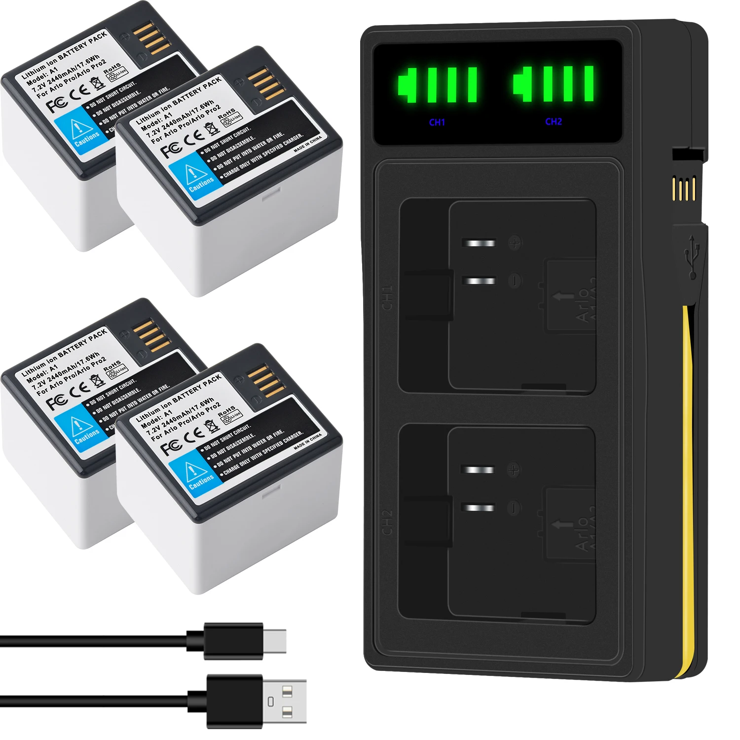7.2V High Capacity 2440mAh Arlo A1 Replacement Battery For Arlo Pro Pro 2 Cameras or LCD Dual Charger For Arlo Pro/Pro2 Battery