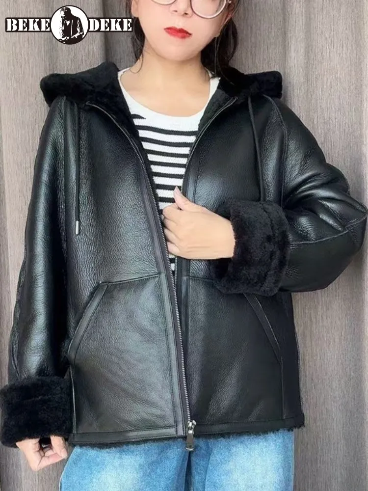 Concise Style Ladies Hooded Pocket Loose Sheep Fur Solid Color Long Sleeves Comfortable Zipper Sheepskin Motorcycle Outerwear