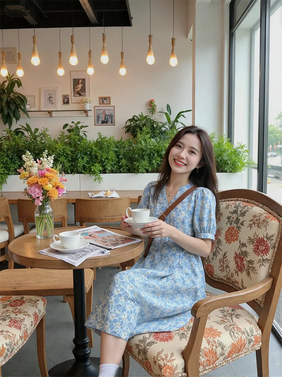 فساتين بأكمام قصيرة منتفخة ثنيات مُزينة بالزهور ملابس نسائية صيفية بوهو عمود ملابس نوم انحراف خط عنق حلو رقبة مستديرة شفافة