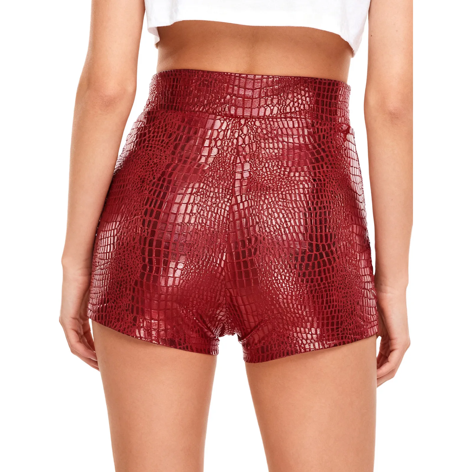 女性光沢のあるスリムホットパンツ弾性ウエストバンドヘビ革プリントメタリックブーティショーツダンス衣装音楽祭用日常着