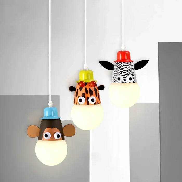 Cartoon Brief ABS lampada a sospensione con pannello in metallo con teste di animali Droplight Mokey Girraf Zebra Led E27 per la stanza dei bambini