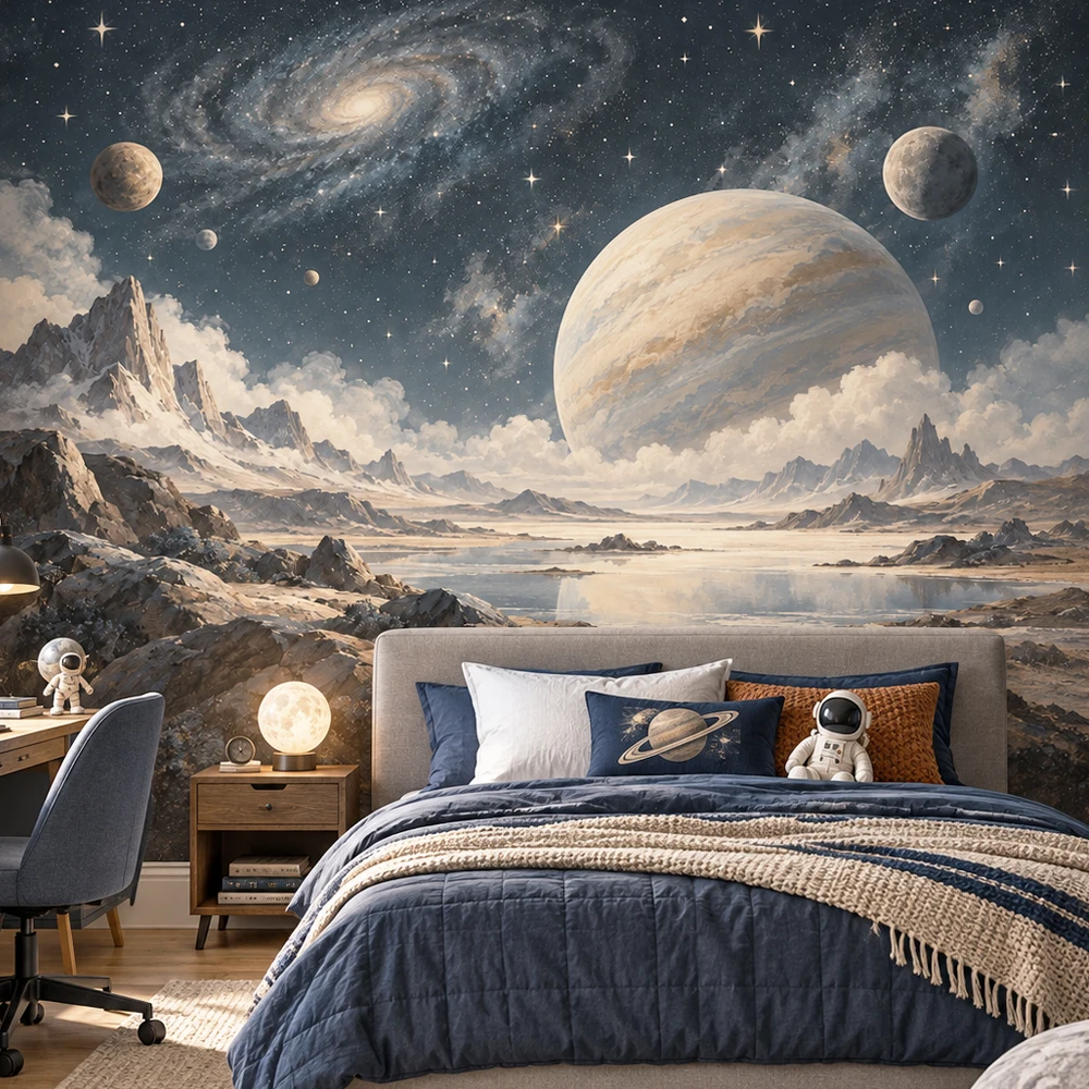 Space Wall Mural Galaxy Planets Mountain Landscape Wallpaper Non Self Adhesive Boys Bedroom Kids Room Celestial Wall Decor Stars