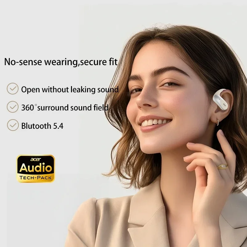 سماعات أذن Acer OWS مفتوحة الأذن، خطافات أذن لاسلكية تعمل بالبلوتوث 5.4، سماعات أذن عالية الدقة، سماعات أذن رياضية معززة 48 ساعة OHR-517