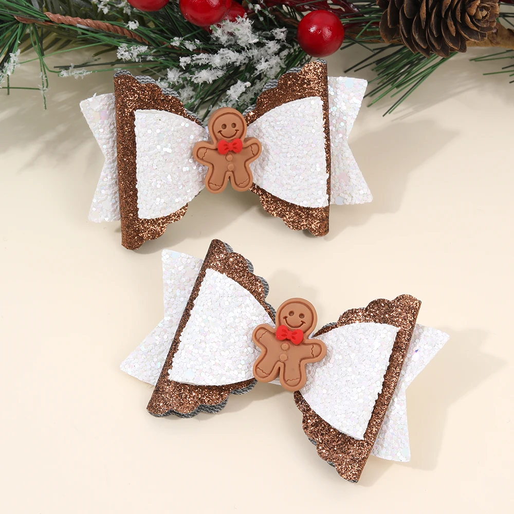 2pcs Sparkle Christmas Bow Hair Clips For Girls Cute Gingerbread Man Barrette Shining Glitter Sequins Hairpins Party Accessories - view 2