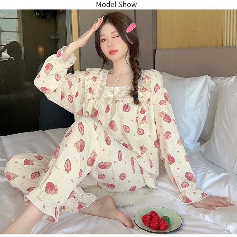

100kg Plus Size Cherry Print Pajama Women Korean Sweet Spring Long Sleeve Top Long Pants Plaid Homewear Princess Loose Outfits