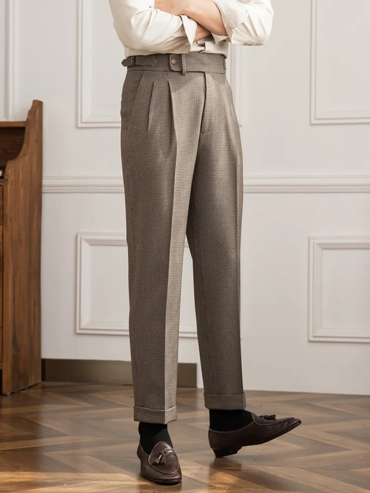 High Waist Straight Leg Casual Pants Men's No Ironing Briti Italian Plaid Pattern Mr. Deer Tee Vintage Long Pants