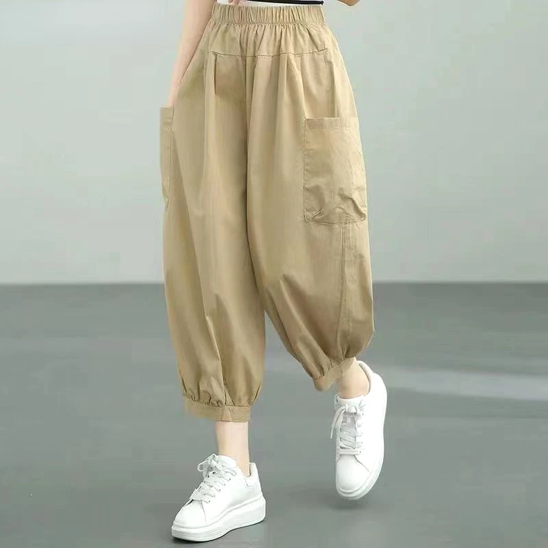 

New Spring and Autumn Casual Loose Super Oversized High Waist Pocket Solid Color Tie Feet Fashion Nine Point Lantern Pants J246