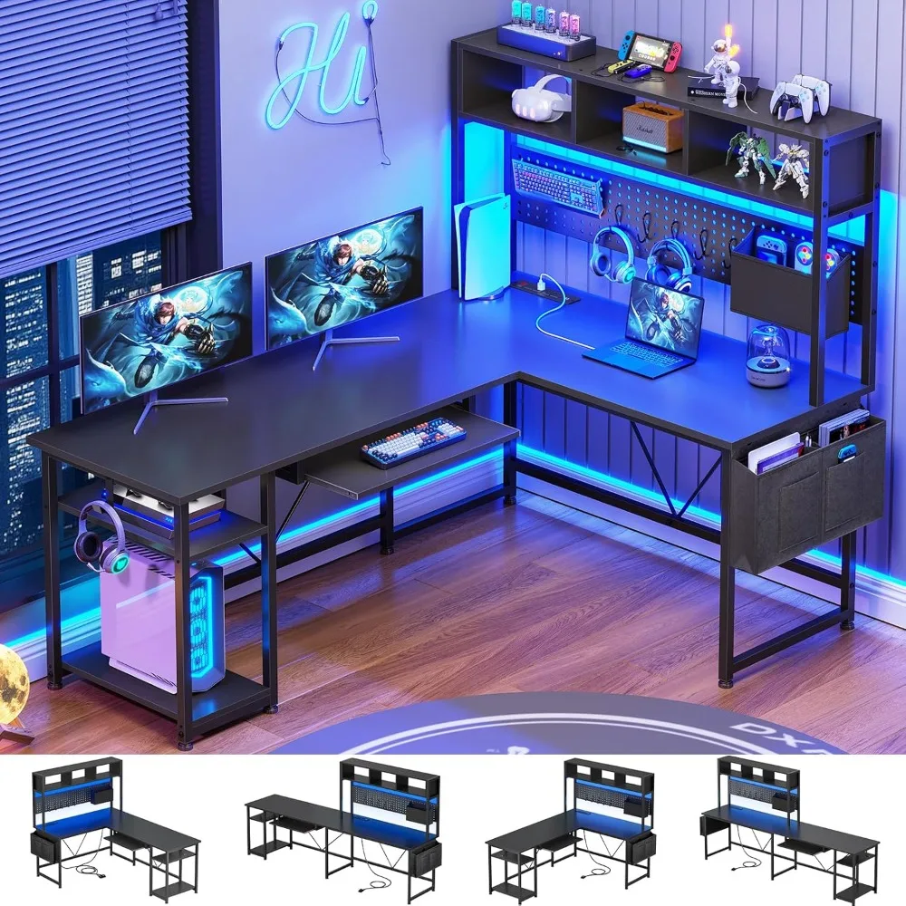 

L-shaped gaming table, 57.5-inch reversible corner computer desk with storage rack