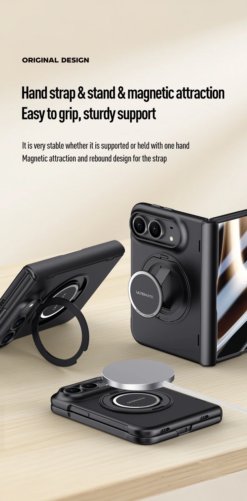Luxury 360 Rotating Magnetic Stand Hand Strap Case for iPhone Duo 18 Duo Fold Wide Shockproof for Magsafe Film-Integrated Cover