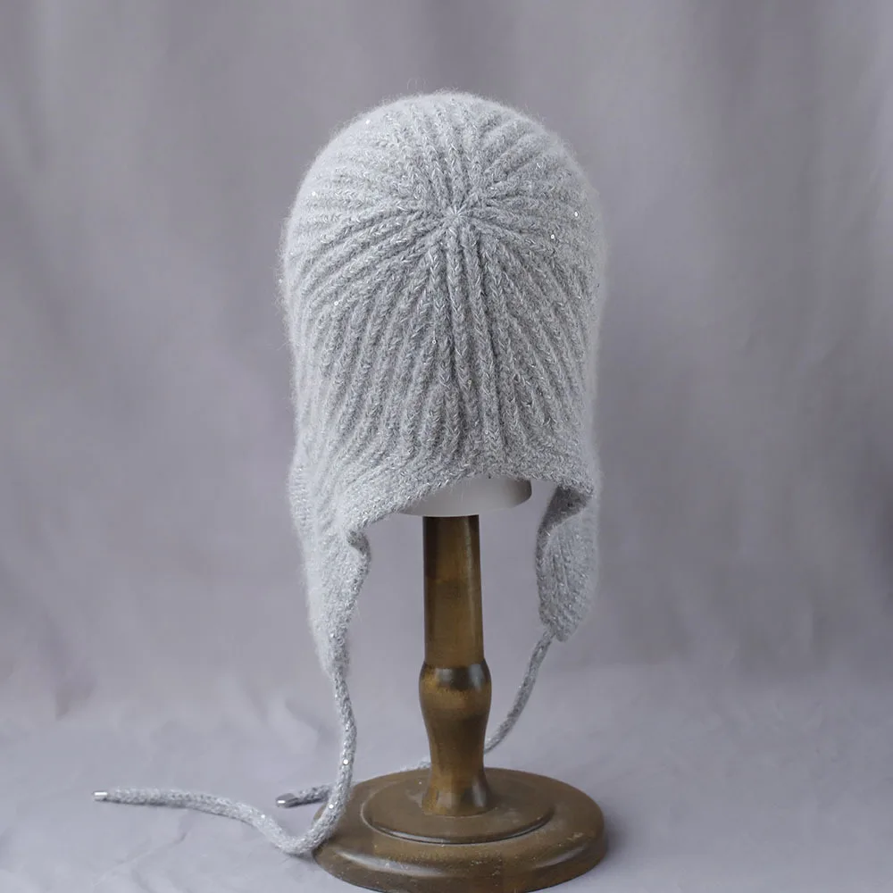 WOmen Winter Fashionable balaclava Beanies Outdoor Warm rabbit fur knitted hat Solid Colors With Sequins Long fluffy hat
